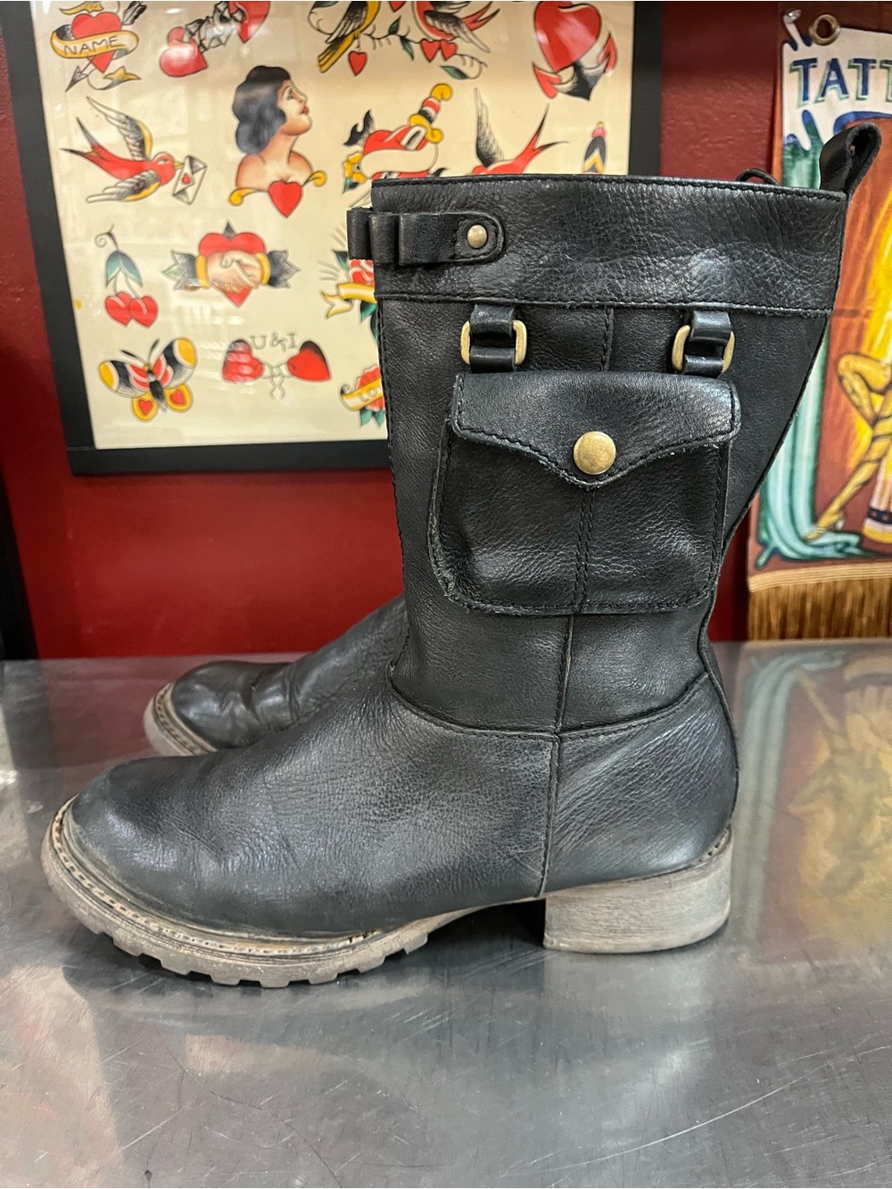 Black Leather Mid-Calf Women's Boots with Pocket Detail